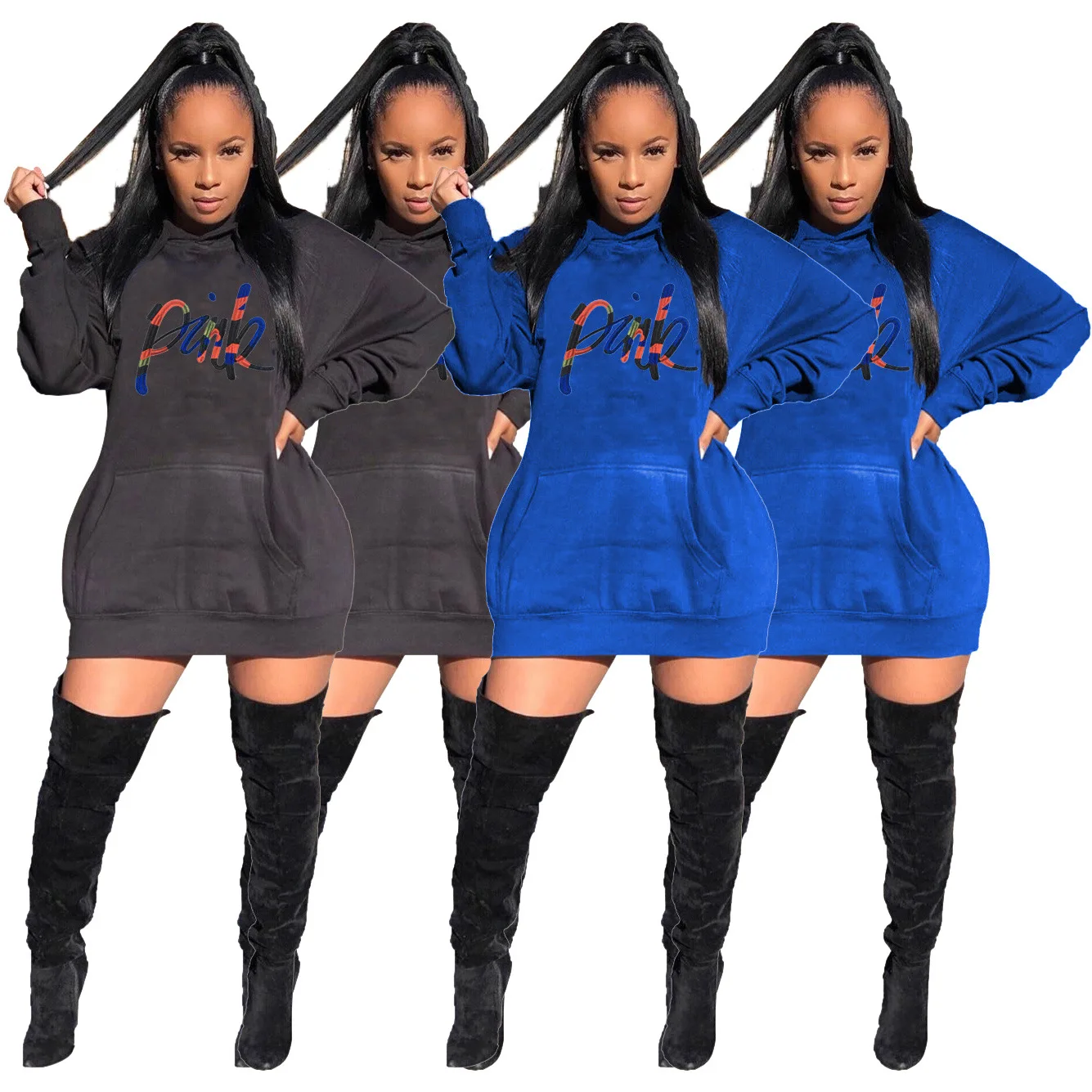 

Hot Selling New European and American Fashion Women's Casual Solid Color Embroidered Letters Bat Sleeve Hooded Dress