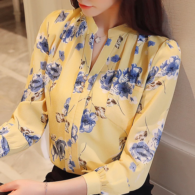 

Blusas Mujer De Moda 2021 Blouse Women V-neck Print Chiffon Blouse Shirt Women Shirts Long Sleeve Office Blouse For Women A12