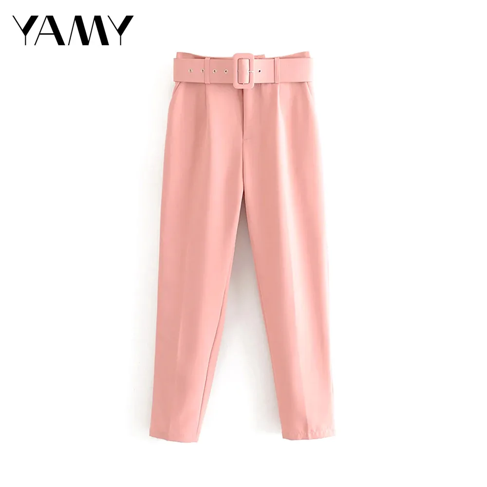 Брюки женские с поясом однотонные офисные штаны завышенной талией фиолетовые