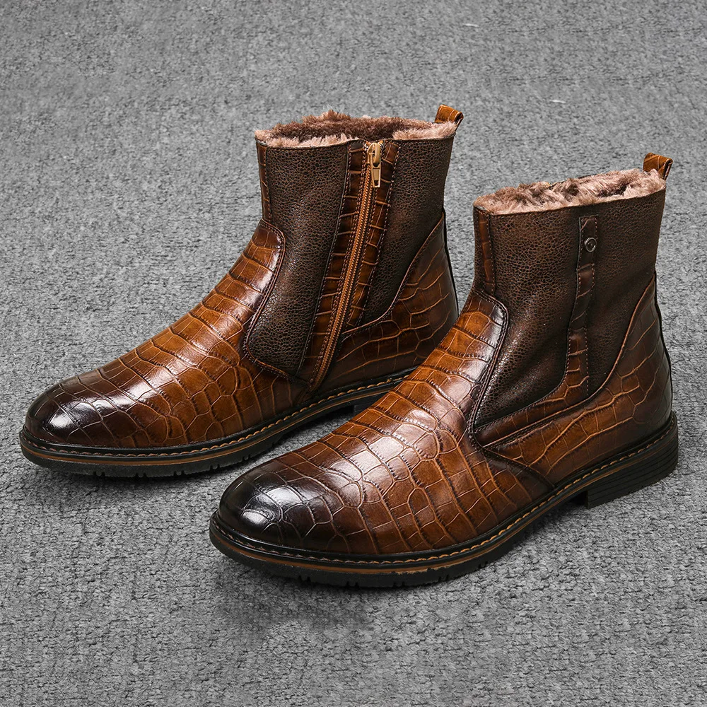 

Men Crocodile Leather Boots Casual Motorcycle Winter Fur Botas for Hombre Elegent Basic Snow Warm Footwear Outside Biker Shoe