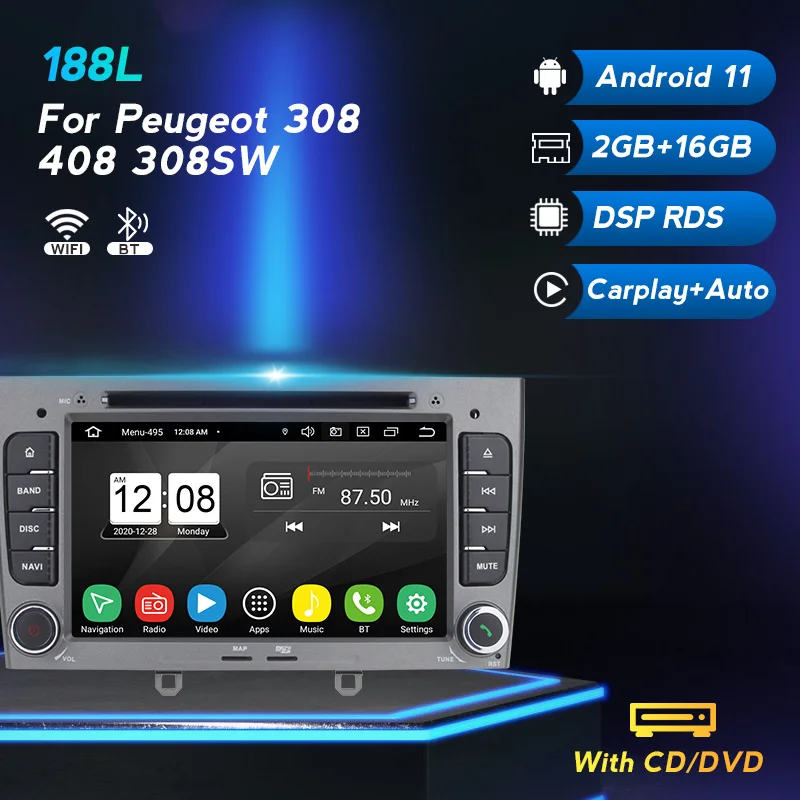 

Android 11 4G LTE DSP Car Multimedia Radio Player For Peugeot 308 408 208SW 2.0 GPS Navi Carplay Auto Car IPS BT DVD 2 Din