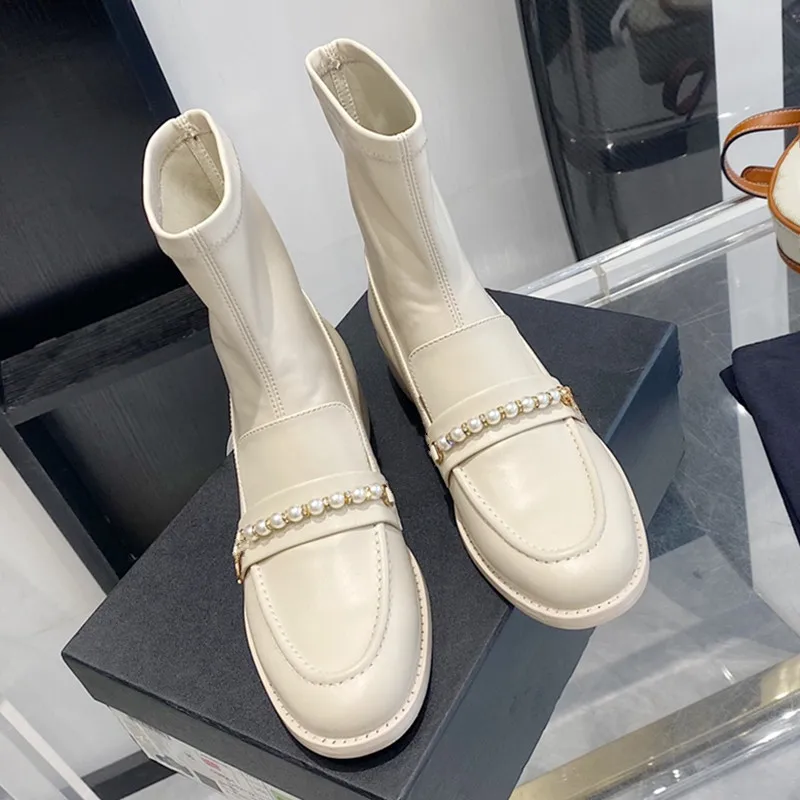 

New Pearl Woman Boots Zipper Boots Solid Elastic Shoes Women Square Heels Female Shoes Fashion Elegant Ladies Boots Patchwork