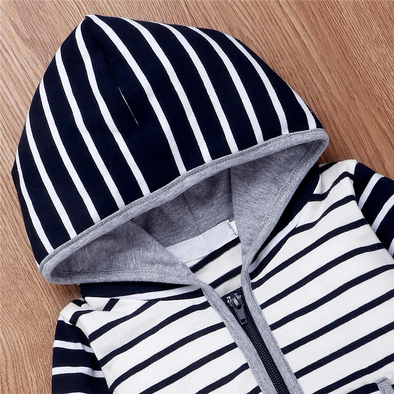 Baby Spring Autumn Clothing Toddler Kid Boys Striped Hooded Romper Jumpsuit Clothes Pocket Patchwork Outfits |