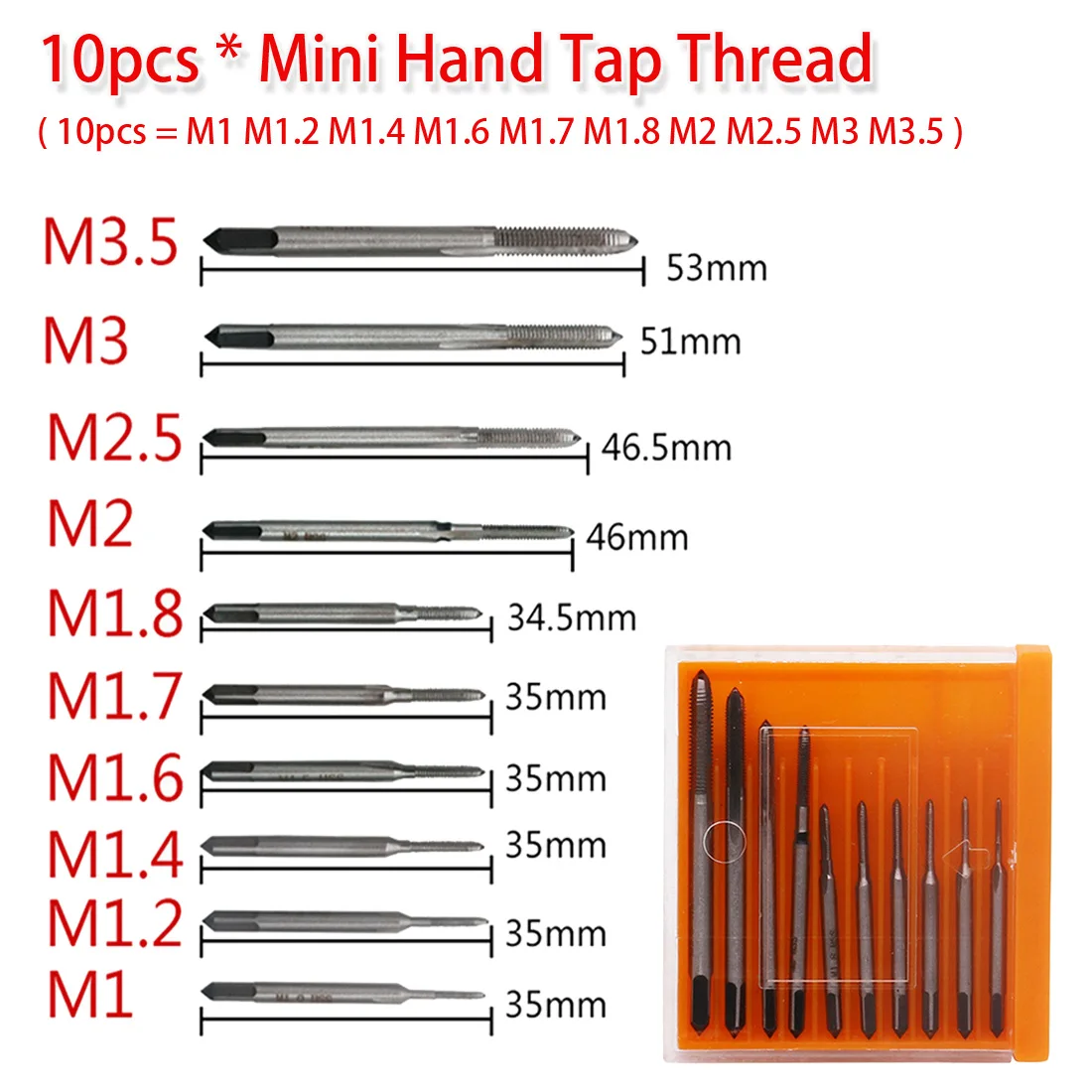 

Hand Tap Thread Die Set Mini 10pcs Wire Tapping M1 M1.2 M1.4 M1.6 M1.7 M1.8 M2 M2.5 M3 M3.5 Hand Tool for Screws Extractor