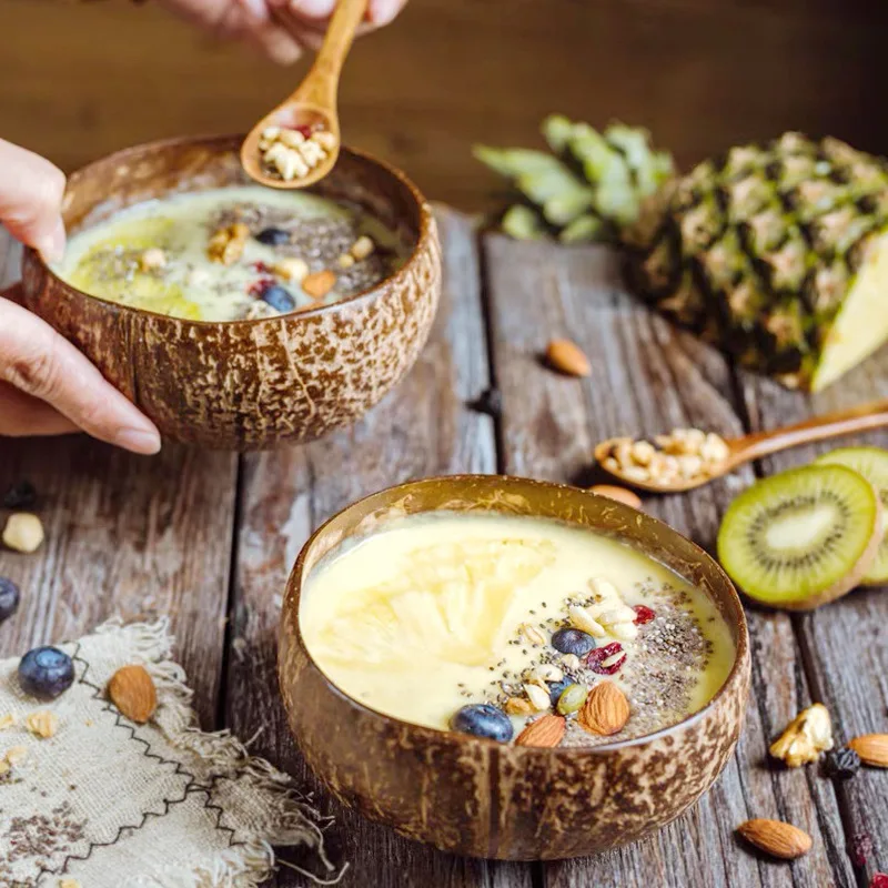 

15cm Hot Natural coconut Bowl salad rice Bowl Coconut Wood Tableware Spoon set Handmade Coconut Kitchen Environmental protection