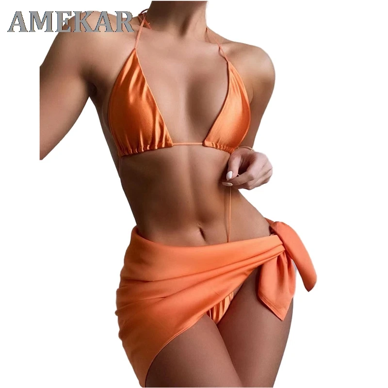 

New Bra Push Up Three Piece Bikini Sets BacklessMicro Thong Women Swimwear 2021 SummerCover Up Swimsuit Bathing Suit Brazilian