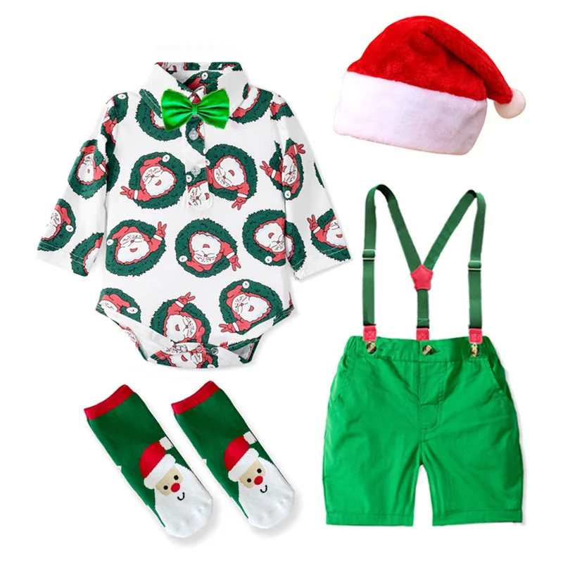 

Baby Boys Christmas Clothes Newborn Romper Suit Hat + Romper + Green Shorts + Belt + Socks Children Costume Gifts