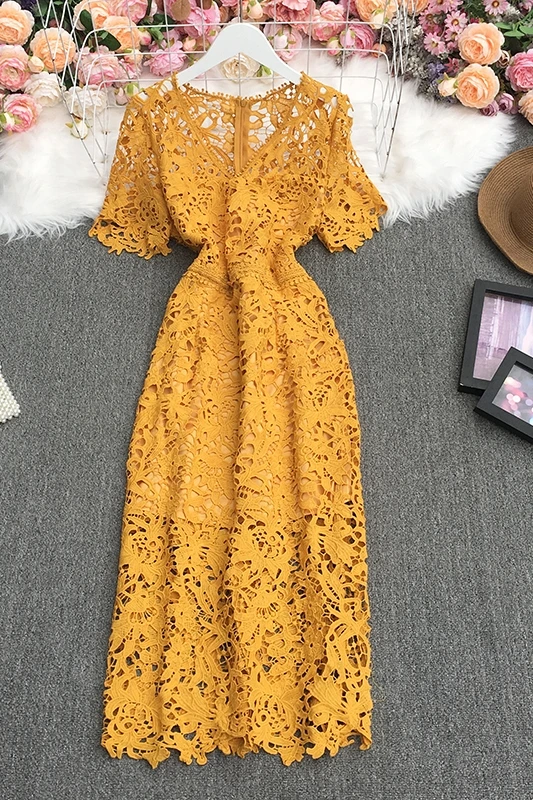 

2021 New Summer Women Temperament All-match V-neck short sleeve Dress hollow out hook lace solid Dress