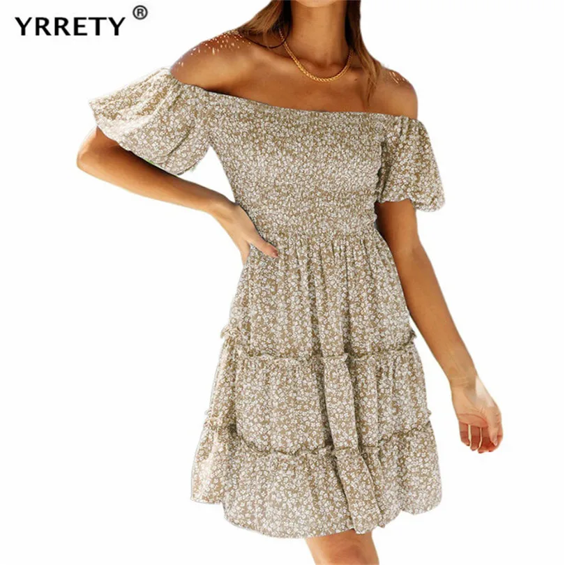 

Женское Цветочное платье YRRETY с запахом, с открытыми плечами и оборками, мини летняя Офисная Женская одежда с вырезом лодочкой и принтом, тра...
