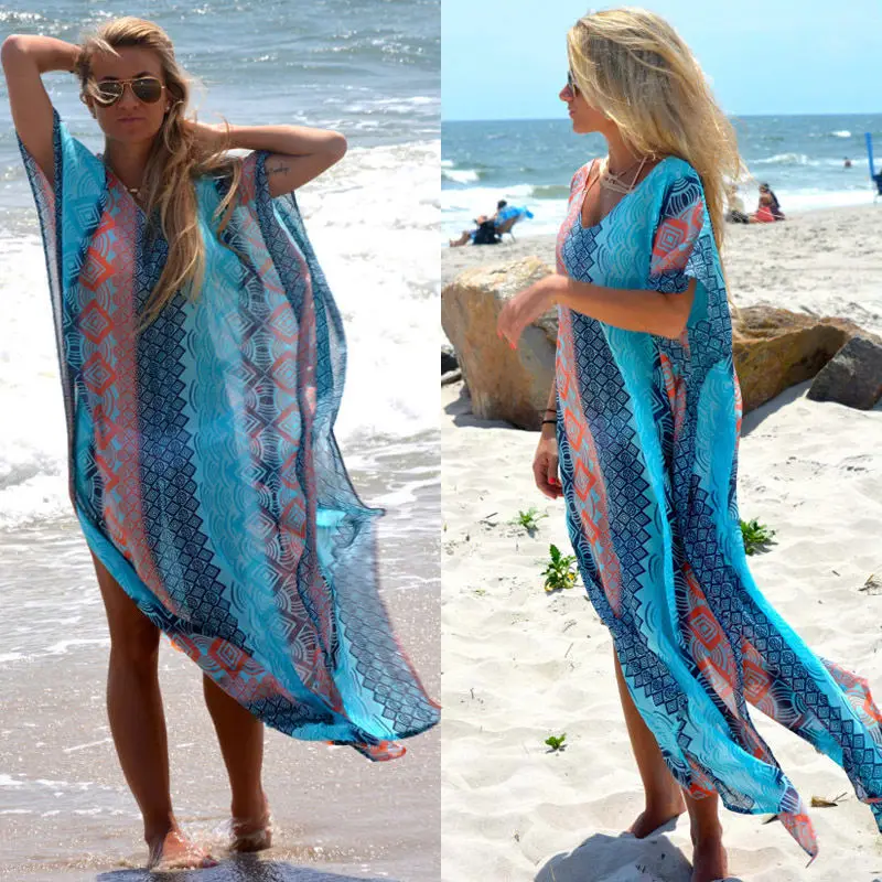 

NEW Boho Sexy V-neck Kaftan Bikini Swimwear Beachwear Bathing Suit Long Dress Stylish Bohemian Print Loose Dresses
