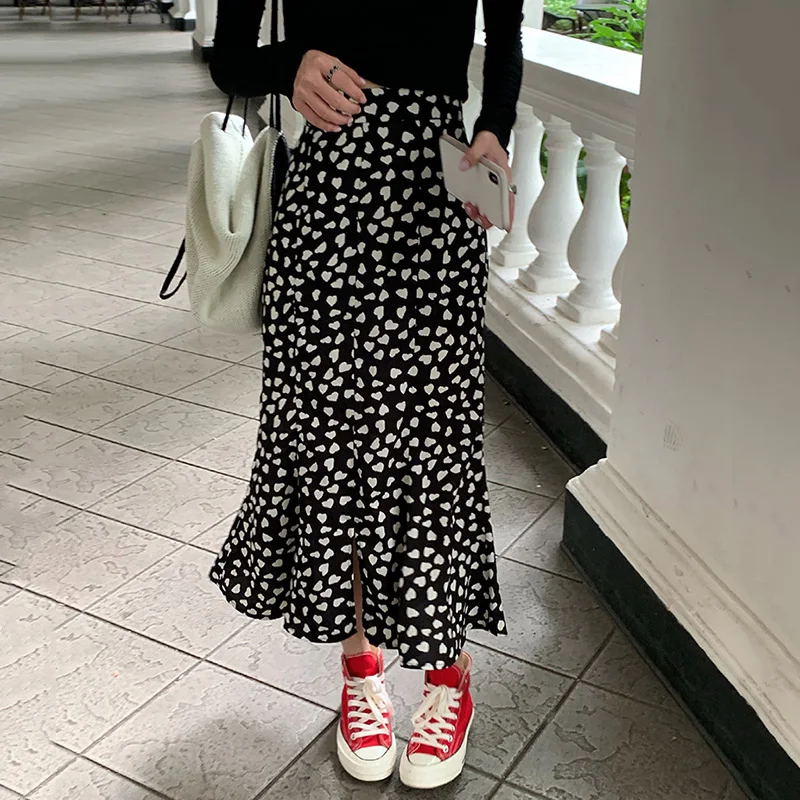 

Vintage Mermaid Long Skirts Womens 2021 Summer High Waist Kawaii Heart Pattern Skirts Plus Size Print Skirt jupe femme