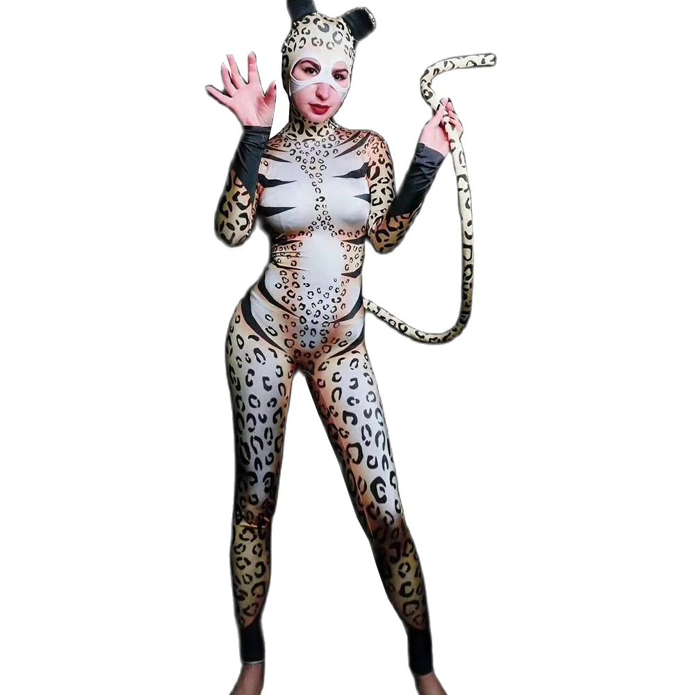 

Leopard Print Women Tight Stetch Jumpsuits Animal Role Playing Costumes Halloween Party Outfit Stage Performance Bodysuit