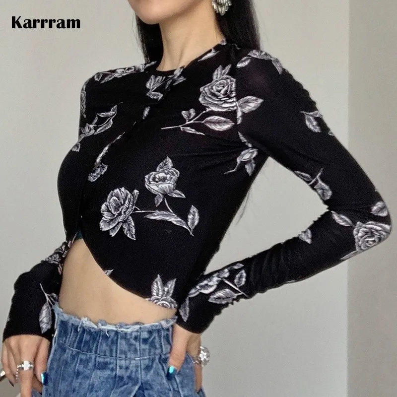 

Винтажная Футболка Karrram с цветочным принтом и длинным рукавом, женский сексуальный облегающий Асимметричный кроп-топ, женские элегантные ч...