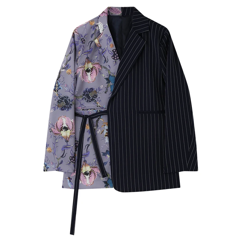 

2021 spring striped stitching suit women tied wide loose color matching asymmetrical jacket