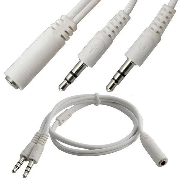 

White 3.5mm 2 Male Plug to 1 Female Jack Audio Stereo Headset Mic Splitter Cable