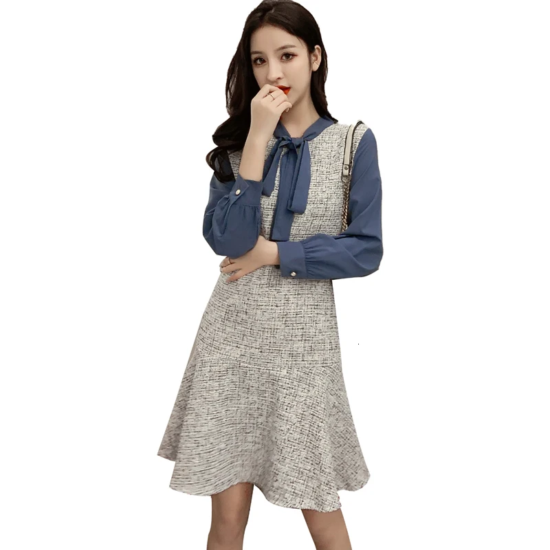 

Женское короткое платье с длинным рукавом, винтажное Элегантное повседневное платье мини в Корейском стиле, вечерние платья, осень 2019