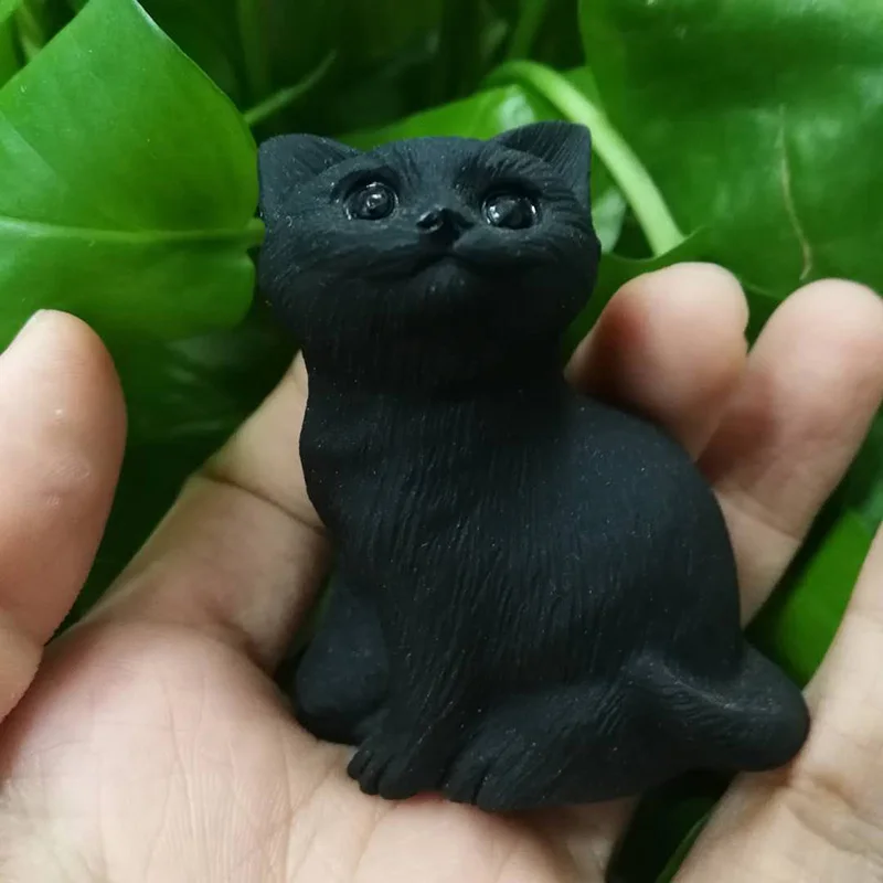 Натуральный черный обсидиан кошка кристалл кварца животных Исцеление Рейки