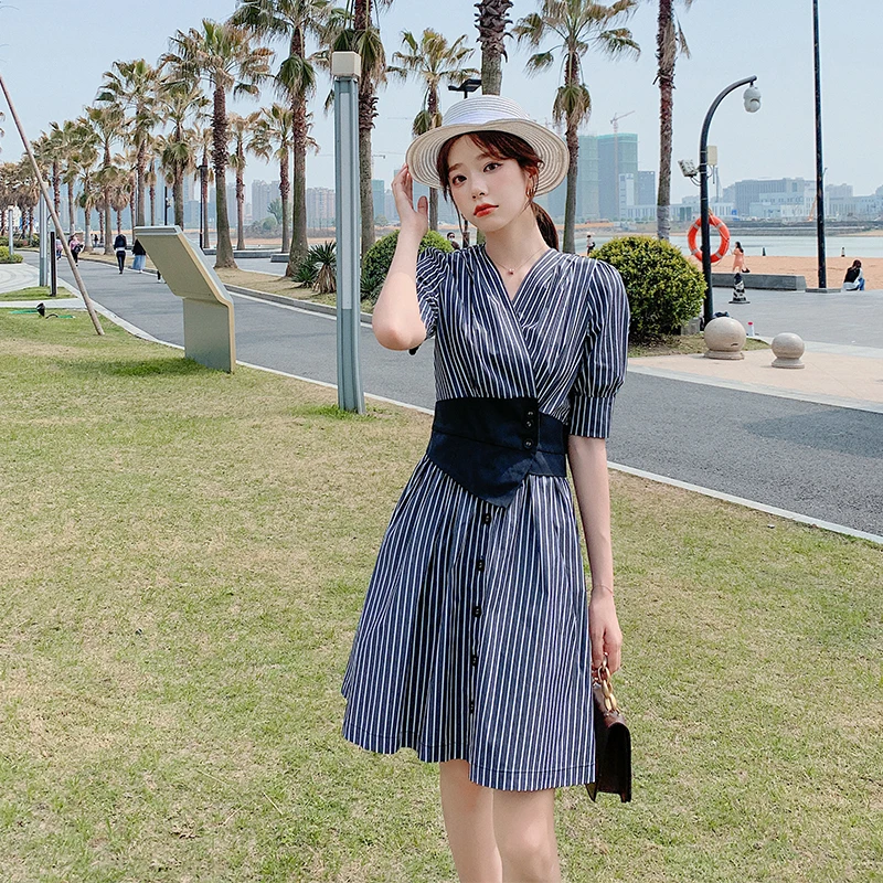 

LLZACOOSH Summer Korea New Chic Women Single-Breasted Elegant Stripe OL Short Sleeve Slim A Line Office Mini Dresses