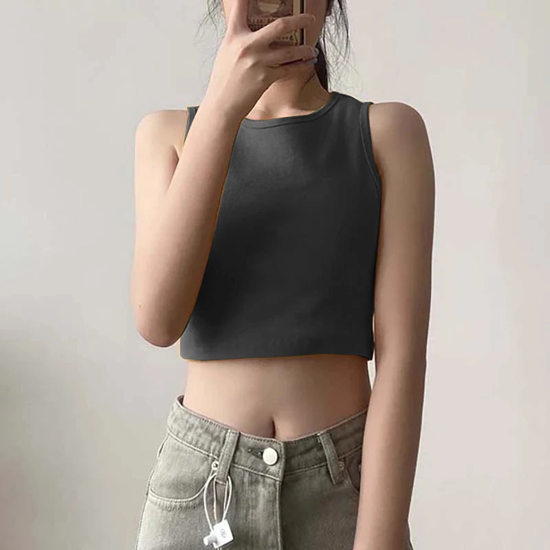 

Vintage Cotton Summer Crop Tops Casual Slim O-Neck Sleeveless Stretch Harajuku Streetwear Tank Top Camis