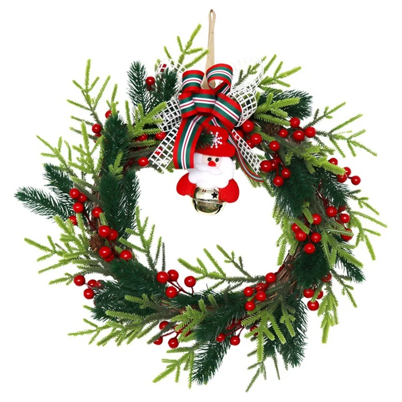 

Christmas Door Wreath - Santa Claus Bells Pine Berry Wreath for Front Door Wall Window Fireplace Farmhouse Home Decor