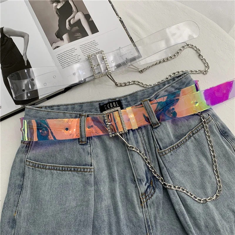 

New Summer 2020 Fashion Simple Wild Pin Buckle Transparent High Quality PVC Belts Women All-match Metal Chain Accessories