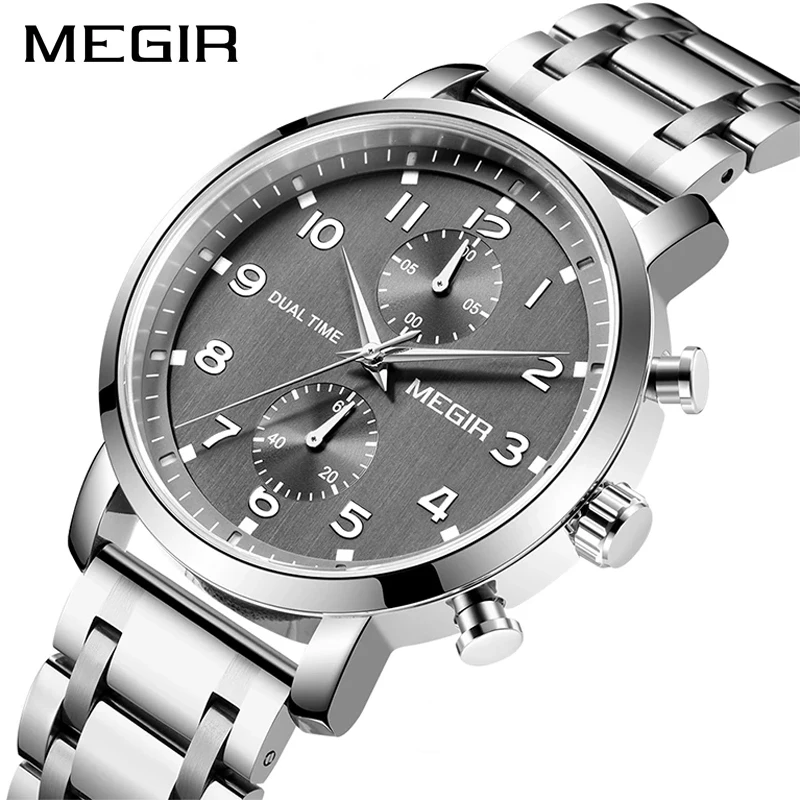 

MEGIR Stainless Steel Quartz Wrist Watches Man Grey Dial Waterproof Chronograph Business Watch Men Clock Relogio Masculino 2160