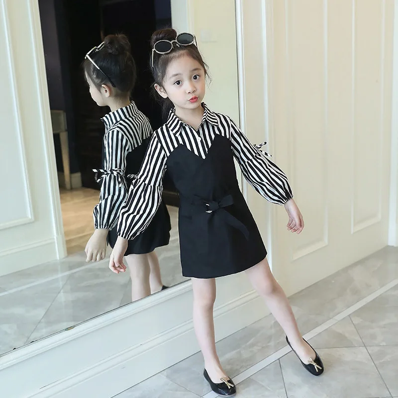 Abesay Autumn Long Sleeve Dresses For Girls Striped Girls Dresses Fashion Dresses Kids Teenage Winter Kids Clothing 6 8 12 Years - Color: BLACK