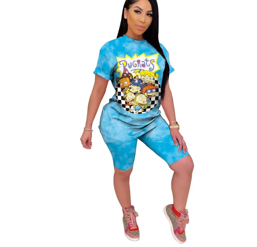 

2020 Summer Women Cartoon Print Patchwork Two Pieces Sets Tracksuits O-neck Tee Tops Shorts Leggings Suit Fitness 2pcs Outfit