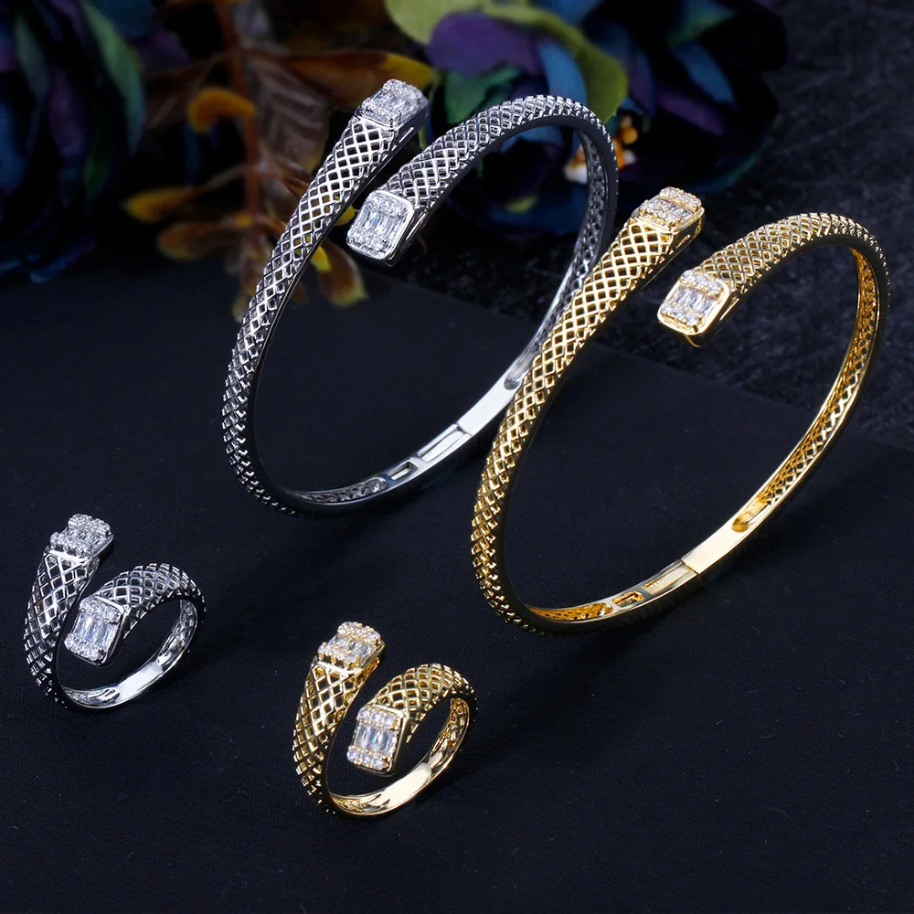 

BrideTalk Luxury Bangle Rings Set For Dubai Women Wedding Full Cubic Zircon Crystal CZ Dubai Bracelet Party Jewelry 2021
