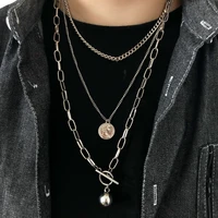 new trendy metal ball coin cross pendant multi layer punk design long chain necklace for women men jewelry gifts