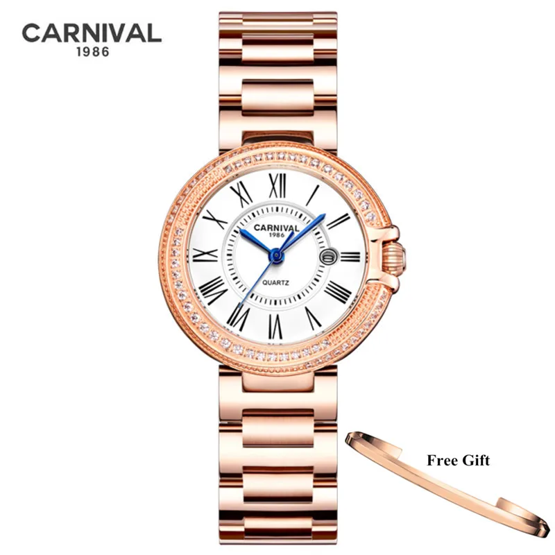 CARNIVAL Brand Ladies Rose Gold Watch Woman Luxury Waterproof Casual Bracelet Calendar Dress Quartz Wristwatch Relogio Feminino