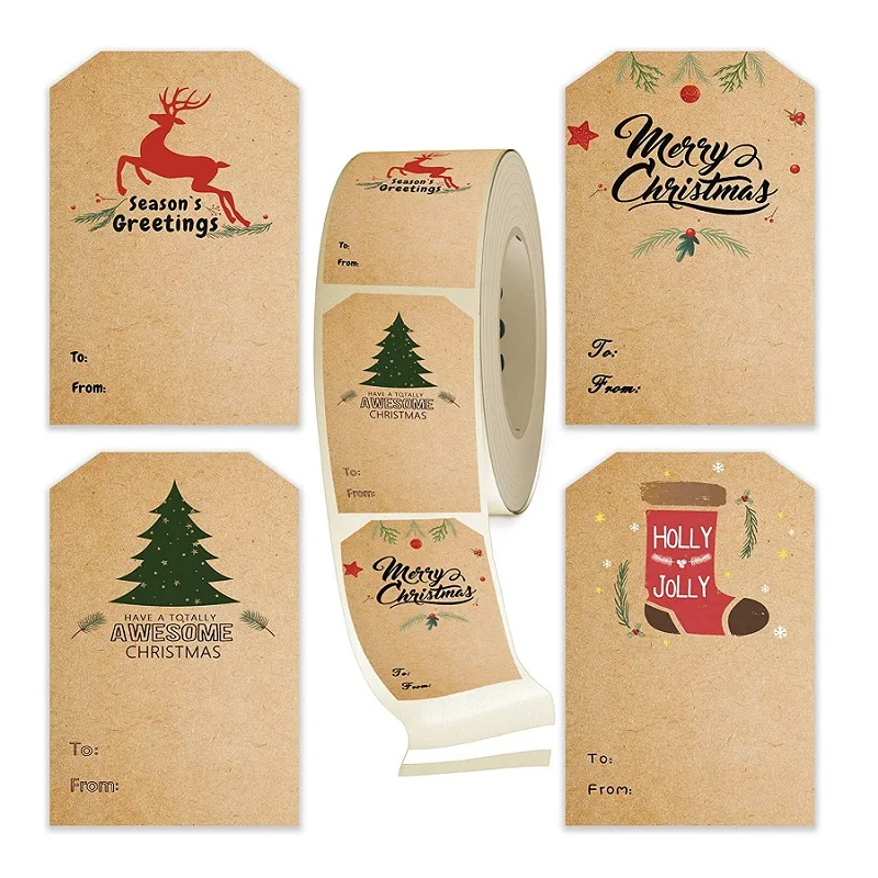 

100-300pcs 5*7.5cm Merry Christmas Gift Sticker Kraft Paper Handwritten Christmas Tree Elk Label DIY Party Scrapbook Paper