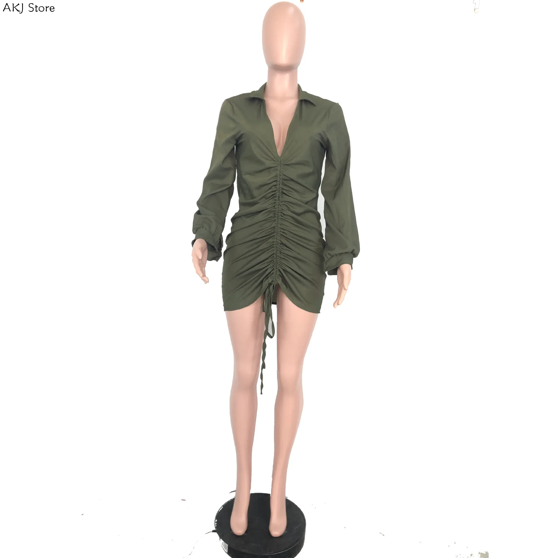 

Women Sexy V Neck Drawstring Ruched Design Long Sleeve Bodycon Dress