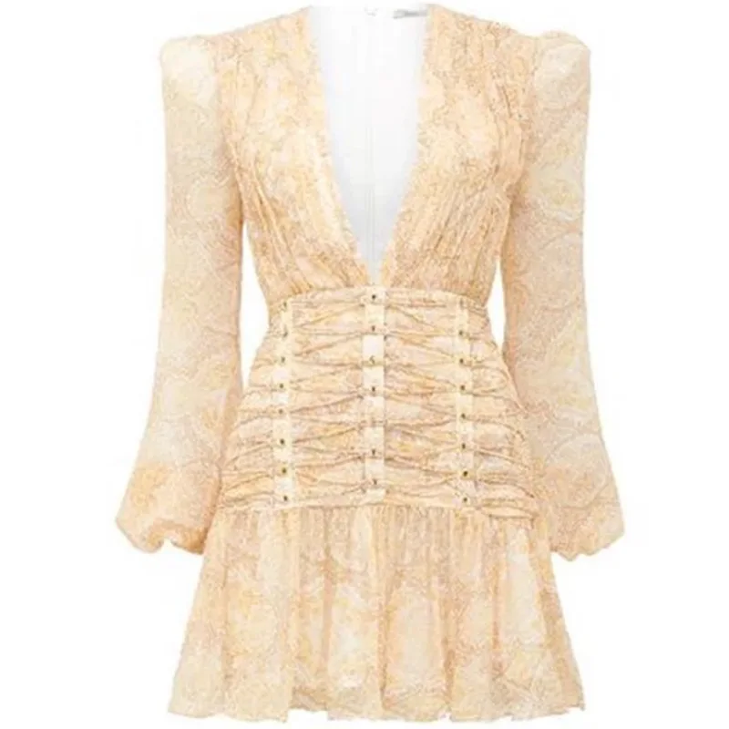 Женское шифоновое платье бежевое вечернее с длинным рукавом и v образным вырезом