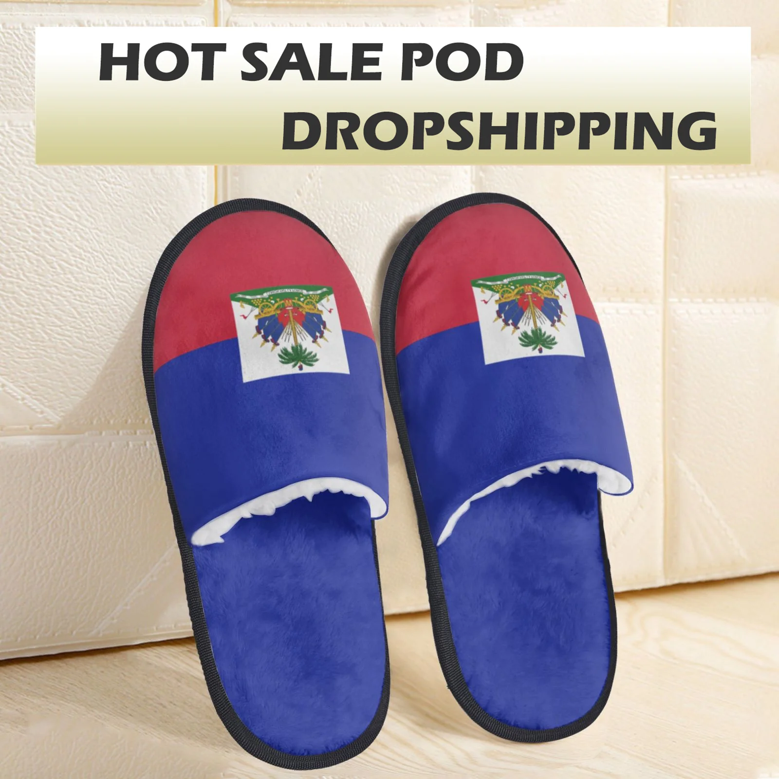 

KUILIU Warm Furry Slippers Men Women Unisex Red and Blue Haiti Flag Print Winter Plush Non-slip Slides Home Lovers Cotton Shoes