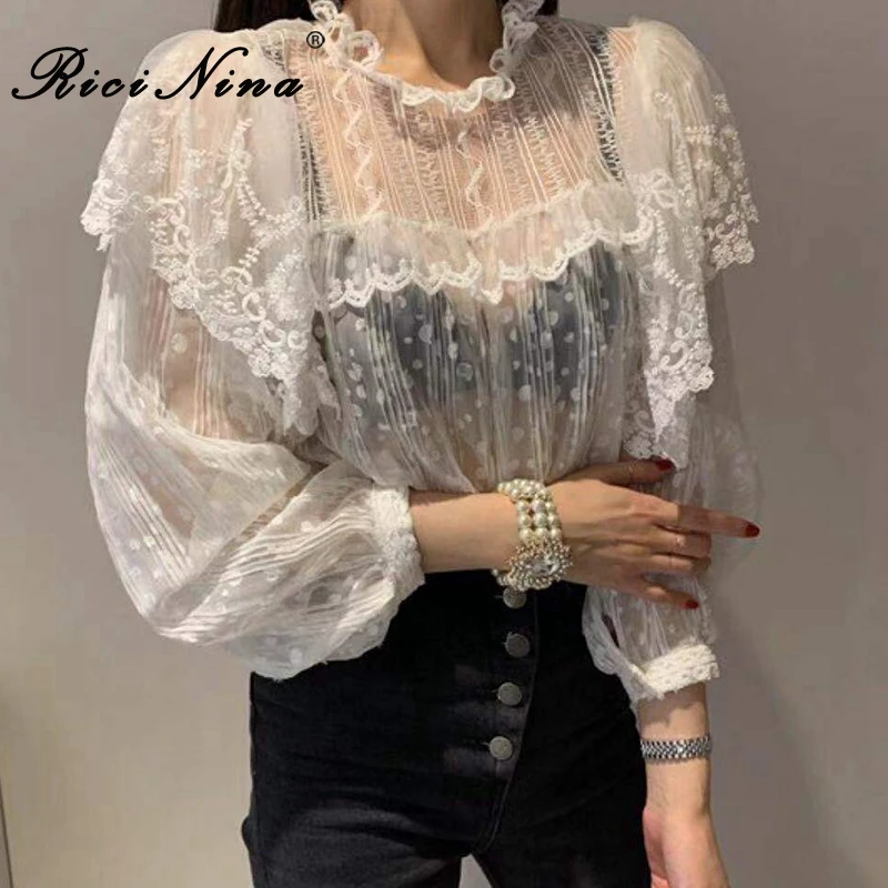 RICININA белые шифоновые блузки для женщин элегантные 2020 круглый вырез оборки сетка