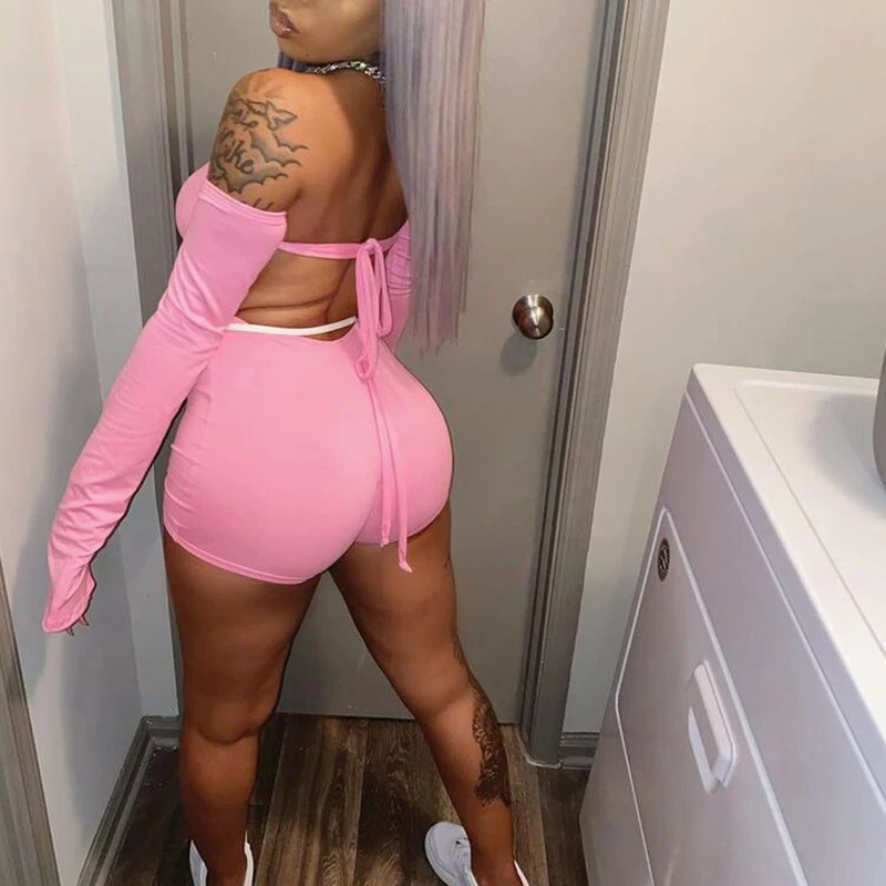 

2021 пикантные женские облегающие Off-плечевое солидное Цвет свободного покроя с длинным рукавом, открытая спина, облегающий легкий костюм с ш...