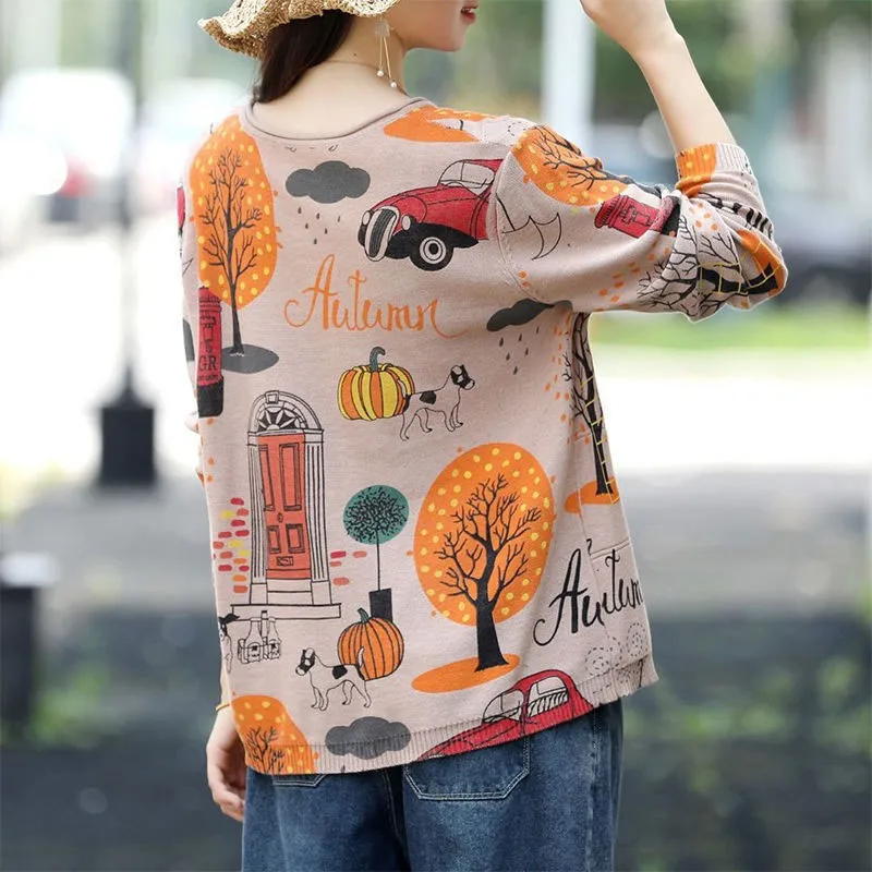 

Plus Size Women Vintage Print Casual Sweater New 2021 Spring Simple Style All-match Female Long Sleeve Knitted Pullovers D012