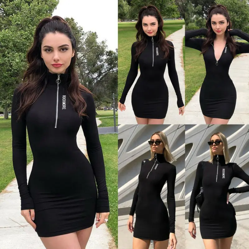 

Goocheer Women Bandage Bodycon Dress Long Sleeve High Neck Evening Party Dress Zipper Sheath Clubwear Short Mini Dresses