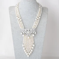 19 21 3 strands cultured white pearl necklace cz white fresh water rice pearl pendant