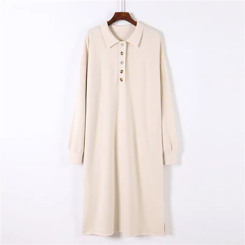 

2020 New Fall Offical Lady Temperament Simple Pullover Lapel Sweater Women Oversized Medium Calf Knit Dress Female For Fashion