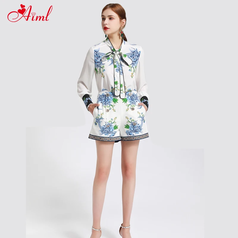 2020 Fashion Designer Summer Set Female Long sleeve Bow collar Floral Print Tops Street Leisure Button Shorts Two-Piece Suit New