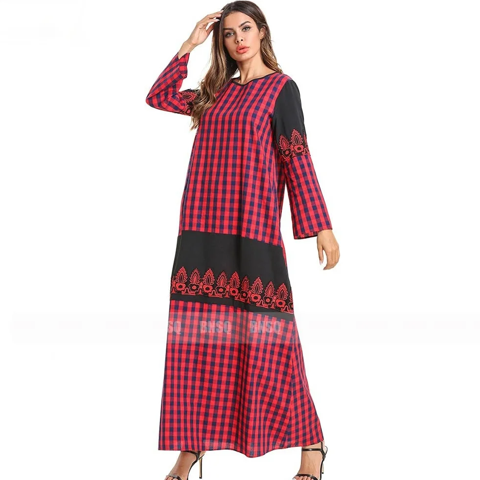 2021 мусульманский Ближний Восток Дубай, Турция Исламская мода платье в клетку красного цвета с кружевным плетением и темперамент длинное пл...