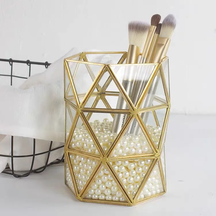 

Fashion Gold Glasses Makeup Brush Organizer Transparent Make Up Storage Box Pen Pencil Holder Case Cosmetic Brush Holder