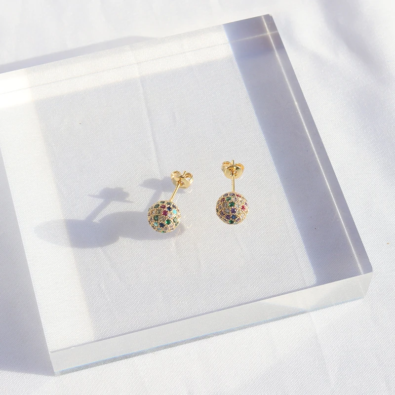 

Top Quality Ball Shape Earrings Colorful Shinning Crystal Rainbow Copper Zircon Stud Earrings for Women Party Wedding Jewelry