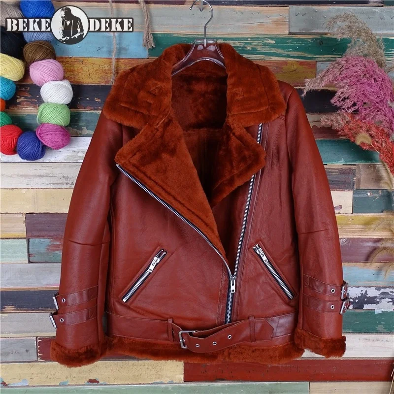 

Classic Motorcycle Jacket Women Winter Thick Shearling Sheepskin Coat Warm Wool Lining Outerwear Genuine Leather Bikers Jackets