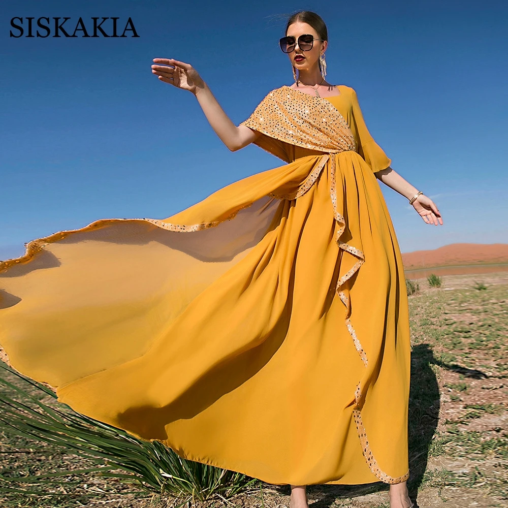 

Siskakia Orange Yellow Chiffon Sequined Swing Maxi Dress for Women Dubai Turkey Arab National Style Robe Moroccan Caftan 2022