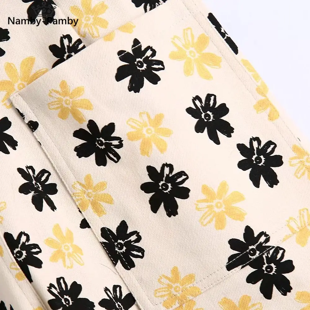 

ZA 2021 women floral straight full length high waist pants Female pocket Buttons fashion Print Flower Wide-legged Trousers Mujer