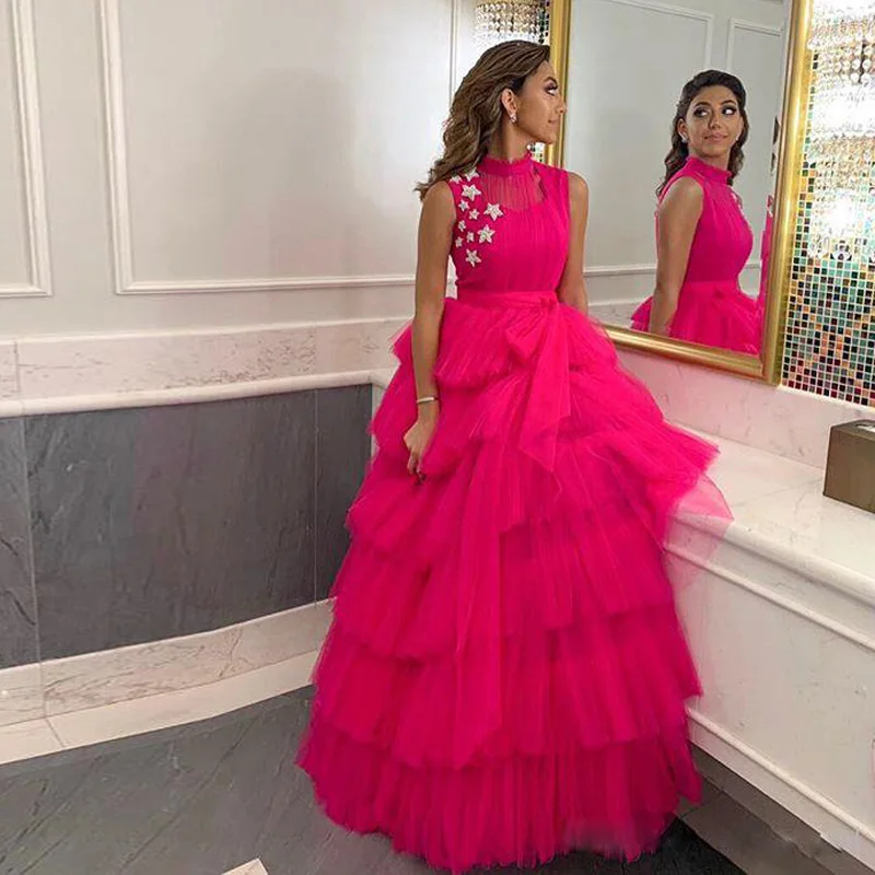 

High Neck Puffy Skirt Long Prom Dresses Layered Skirt Beads Start Evening Formal Gown Floor Length Tulle Party Dress