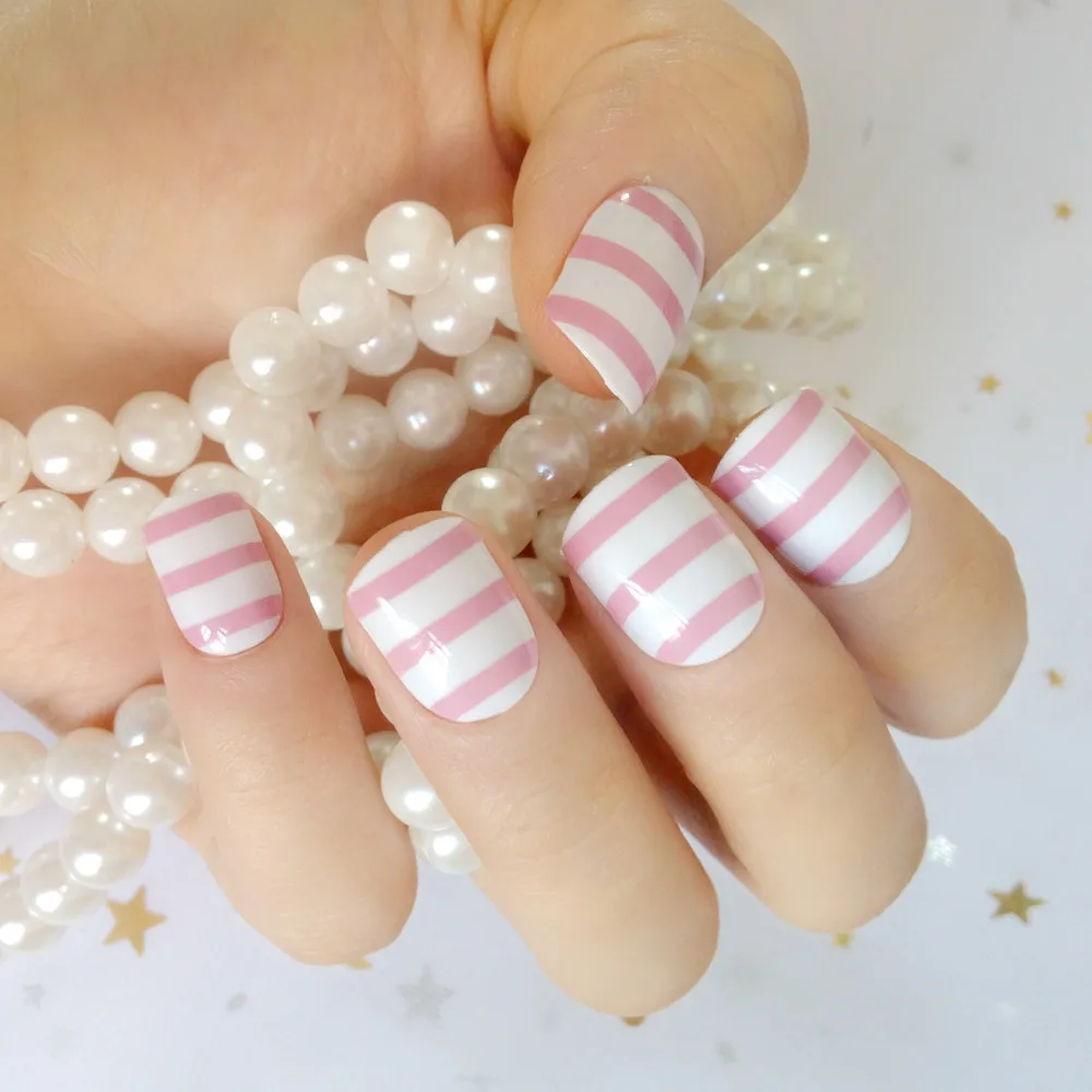 

24Pcs Press On Artificial Fake Nails White Purple Stripe False Nails With Design DIY Nail Art Tips Manicure Tools